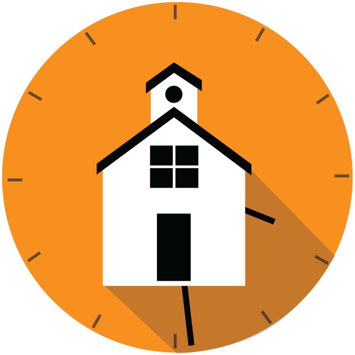 Illustration of a school on a clock after school hours.